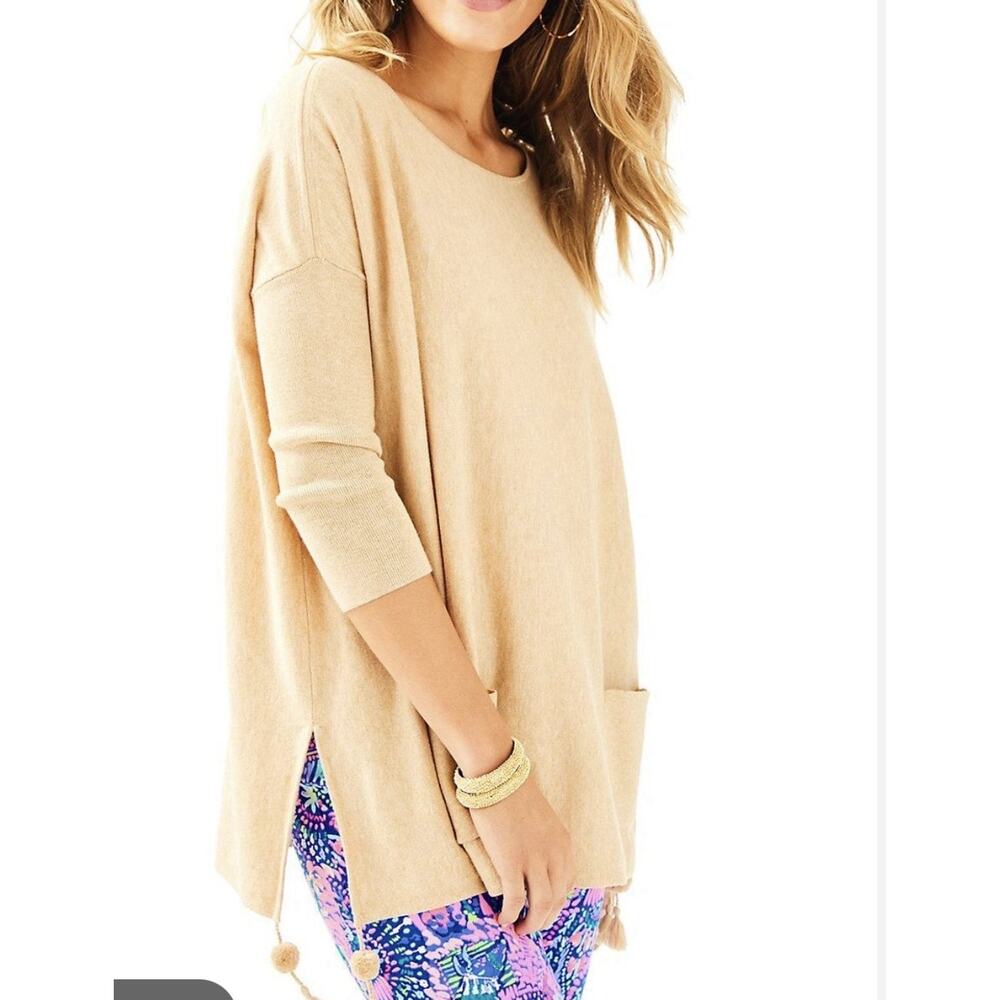 Lilly Pulitzer Beige Tunic Sweater L Tassel Hem Coastal Boho Pocket Top